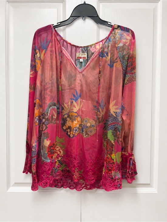 Johnny Was Tops - Johnny Was Biya Mazzy Sheer Floral Mesh Tunic Blouse Large NWOT